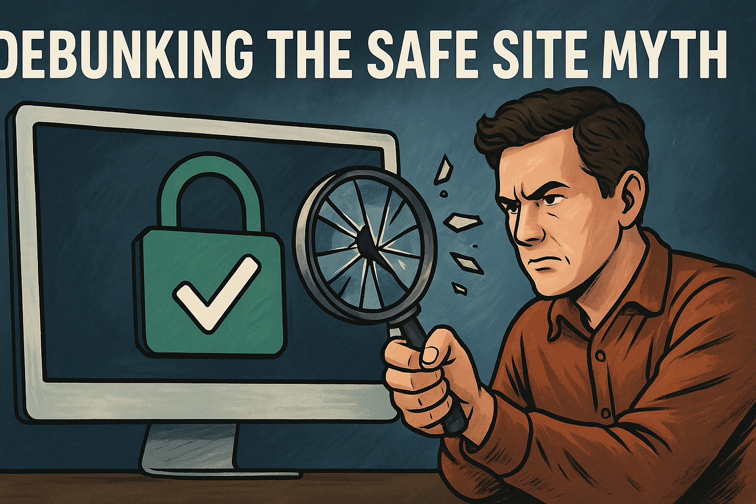 Semi-realistic digital illustration of a man standing in front of two websites—one clean and safe, the other shady and suspicious—symbolizing the contrast behind the ‘safe site’ myth and emphasizing the need for scam awareness and verification.