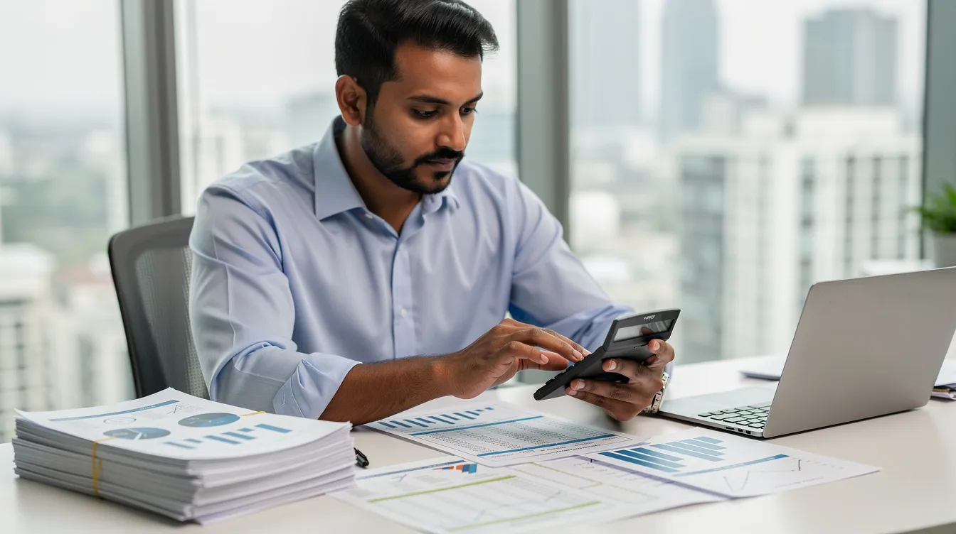 An Indian entrepreneur is seated at a desk, intently reviewing financial documents related to a puffed rice manufacturing business, using a calculator to analyze costs and investments. The scene reflects the entrepreneur's focus on the puffed rice industry, highlighting the importance of detailed project reports and financial planning in the food processing sector.