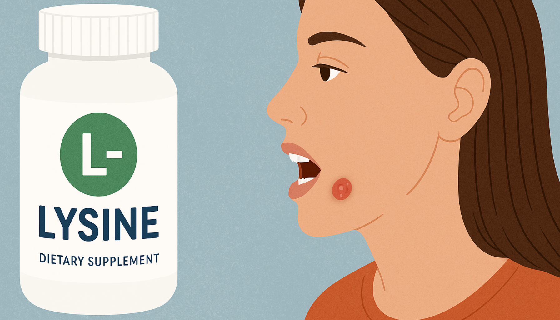 L-lysin: Kosttilskuddet som hjelper mot munnsår 16 "Illustrasjon av kvinne med munnsår og kosttilskuddsflaske som symboliserer L-lysin brukt mot munnsår."