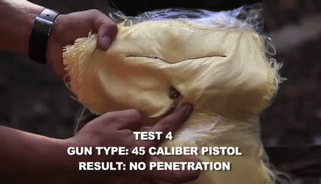 gif showing how kevlar sheets block 45 caliber pistol bullet