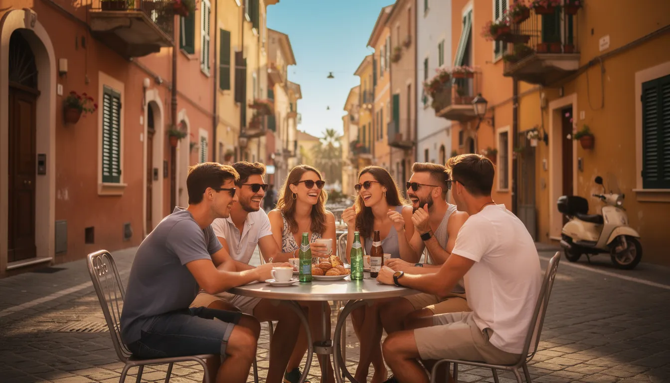 Un groupe de jeunes étudiants assis à une terrasse de café sur une rue ensoleillée d'Italie, discutant et profitant de l'ambiance vivante de la culture italienne. Cette scène évoque l'expérience d'étudier en Italie, où la vie sociale et académique se mêle harmonieusement.