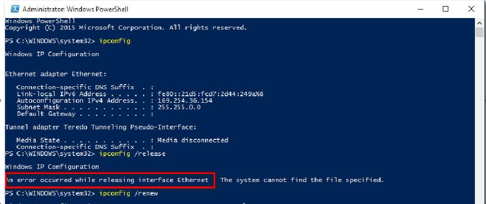 Message in Powershell: an error occurred while  renewing interface ethernet