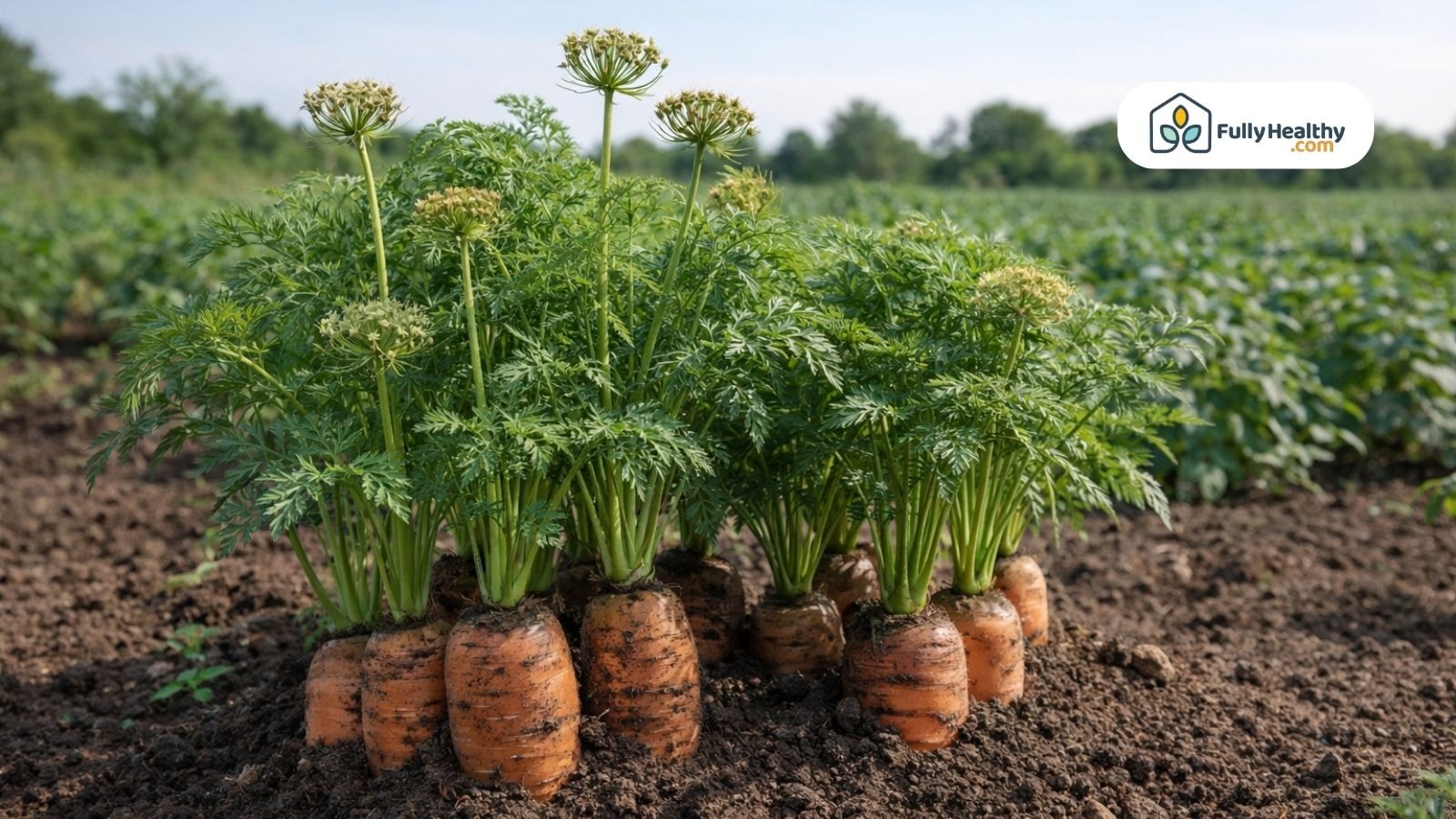 Carrot roots replanted in soil with tall flowering stalks growing