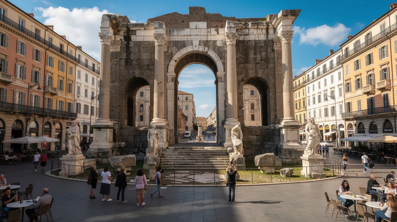 Imagem de ruínas romanas com colunas e arcos antigos, situadas em uma praça movimentada de uma cidade europeia. O cenário reflete a rica história da região, evocando a atmosfera do centro histórico de cidades croatas, como Dubrovnik ou Split, com turistas apreciando as atrações.
