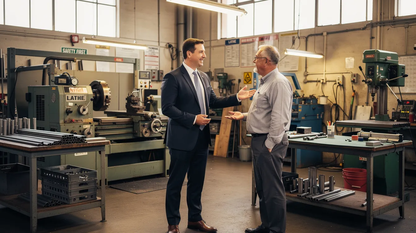 A bank officer in formal attire is inspecting a small manufacturing workshop, with various machinery visible in the background. This visit emphasizes the importance of financial assistance, such as mudra loans, for micro enterprises engaged in production and development.