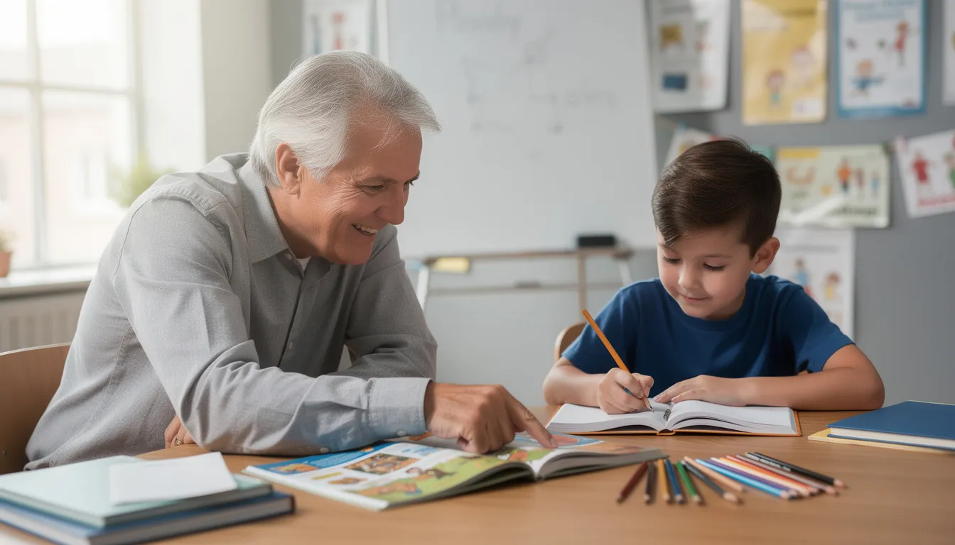 Ein Student sitzt an einem Tisch und hilft einem Kind beim Lernen, während sie gemeinsam in einem Buch blättern. Diese Szene zeigt die Möglichkeit für Studenten, durch Nachhilfejobs praktische Erfahrungen zu sammeln und ihre Studieninhalte anzuwenden.