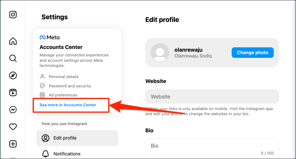 "See mote in Accounts Center" highlight on the Settings menu for Instagram Web