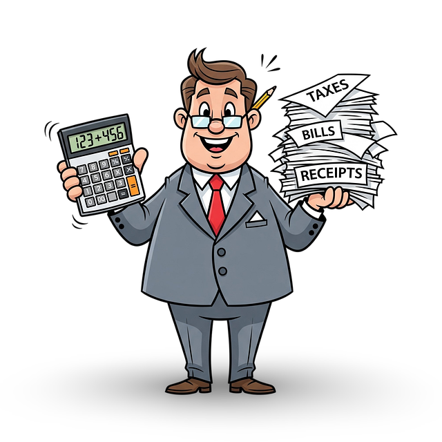 accountant, taxes, bills, receipts, calculator, financial planning, finance, budgeting, expenses, auditing, cartoon, happy, smiling, professional, investment, savings, debt, income, cutout, ai generated