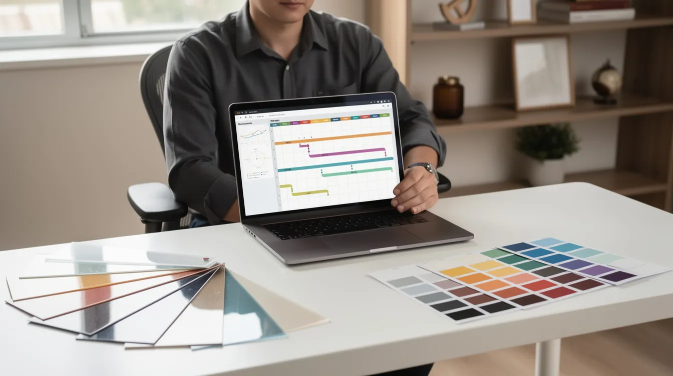 A person is seated at a tidy home office desk, focused on reviewing project schedules on their laptop. The desk is adorned with window film samples and color swatches, indicating a project related to home improvement or interior design.