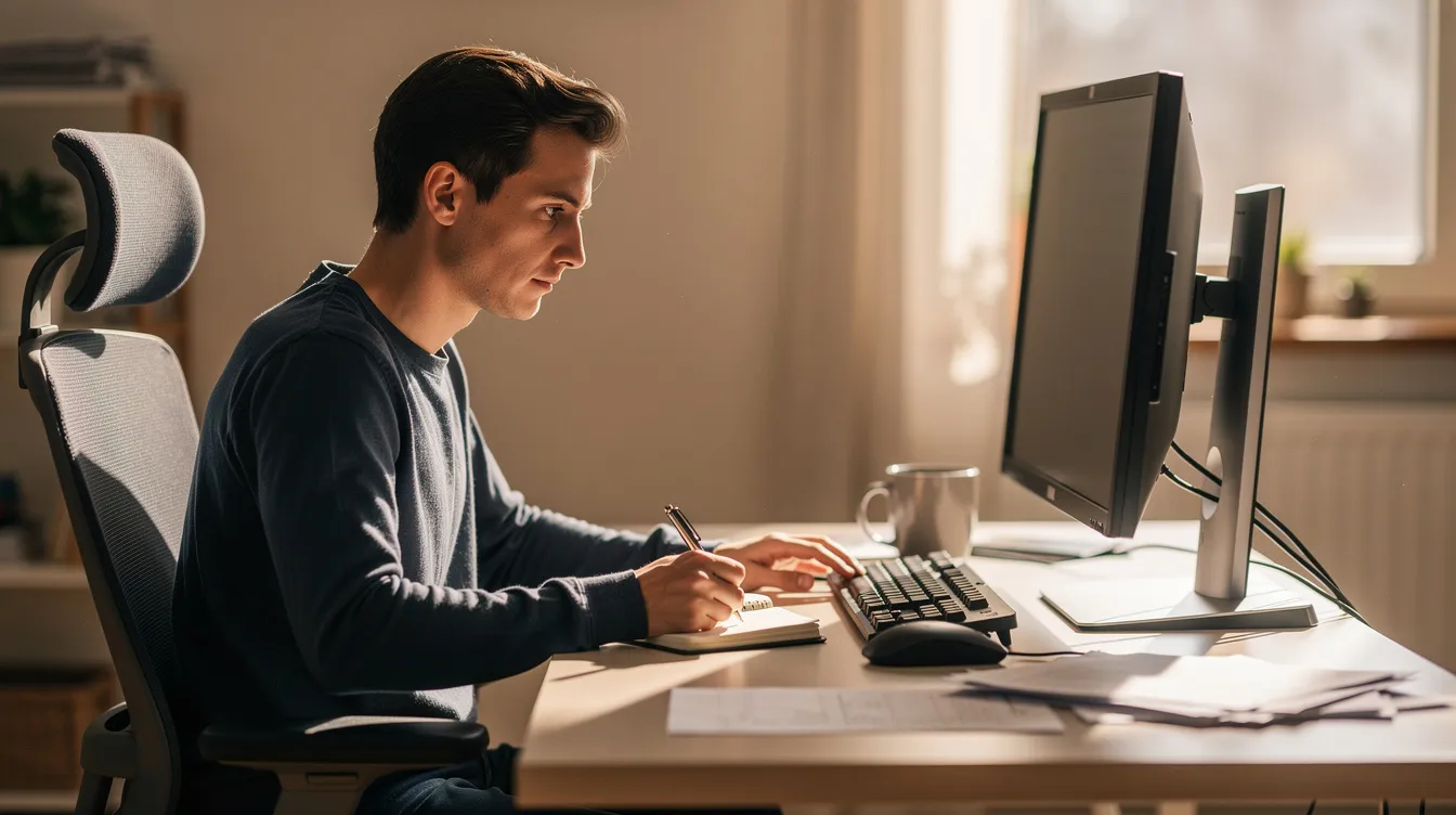 A person is seated at a desk, diligently writing notes while looking at a computer monitor displaying information related to local businesses and their services. The scene suggests a focus on organizing details such as phone numbers, addresses, and websites for a directory aimed at helping consumers search for companies and their offerings.