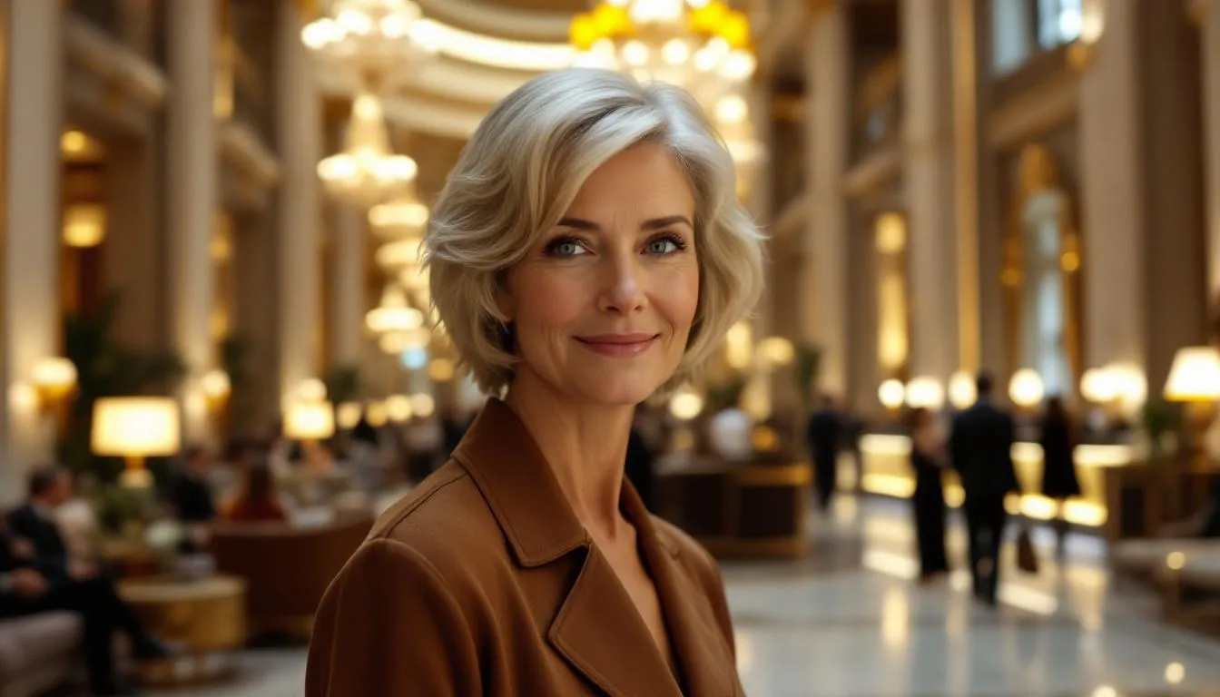 A 60-year-old woman with fine, silver hair showcases a low maintenance hairstyle, featuring soft layers and a chic blunt bob, while standing in a luxurious hotel lobby bustling with people. The elegant setting enhances her look, emphasizing the flattering shape of her hairstyle that beautifully frames her face.