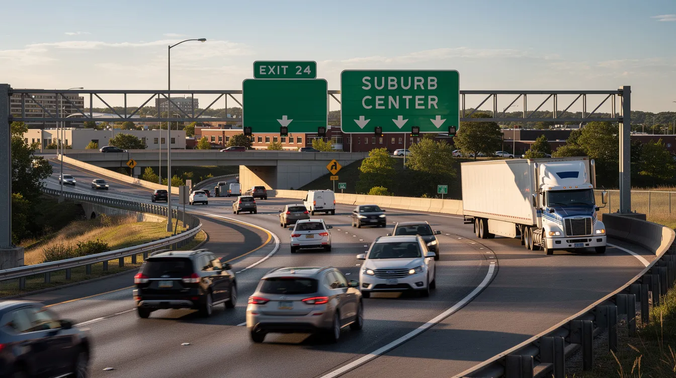 The image depicts a suburban highway exit with green highway signs, where a large semi-truck is merging into afternoon traffic. This scene highlights the potential for truck accidents, which can lead to serious injuries and significant medical expenses for accident victims.