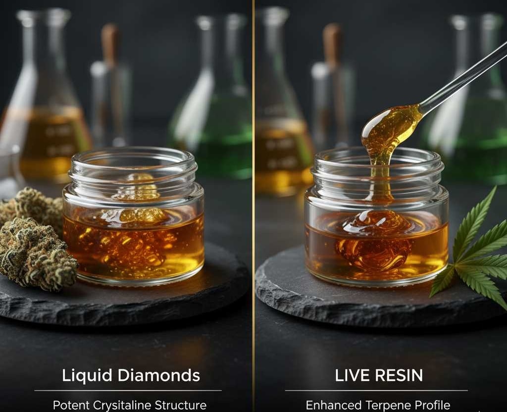 A split image with the title "Liquid Diamonds vs. Live Resin" at the top. The left panel, labeled "Liquid Diamonds" with the subtitle "Potent Crystalline Structure," shows a small glass jar filled with golden, clear liquid diamonds, alongside cannabis buds, all resting on a dark slate coaster. In the blurred background are laboratory beakers. The right panel, labeled "Live Resin" with the subtitle "Enhanced Terpene Profile," features a similar glass jar of viscous, golden live resin, with a dab tool dripping more resin into it. Cannabis leaves are next to it on another slate coaster, and blurred laboratory beakers are in the background. The overall tone is sophisticated and product-focused.