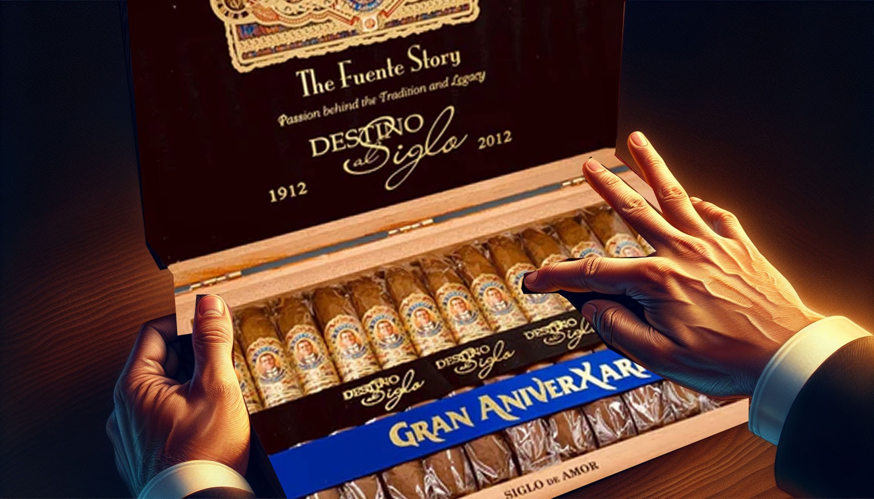 Illustration of the unboxing experience of the Don Arturo Gran AniverXario cigars