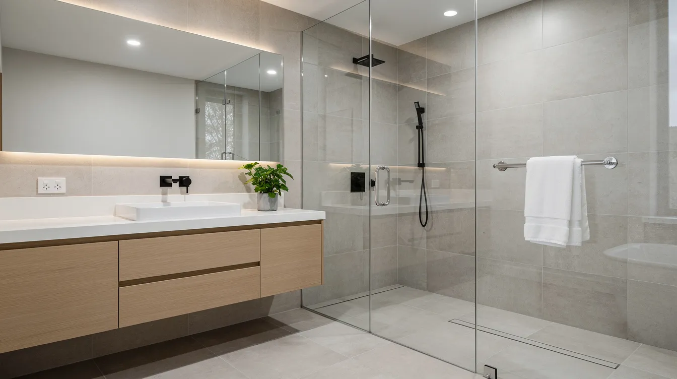 The image depicts a modern bathroom featuring a spacious walk-in shower with large format neutral tiles and a sleek floating vanity. The design emphasizes a contemporary aesthetic, showcasing quality materials and an efficient bathroom layout ideal for a primary bathroom renovation.
