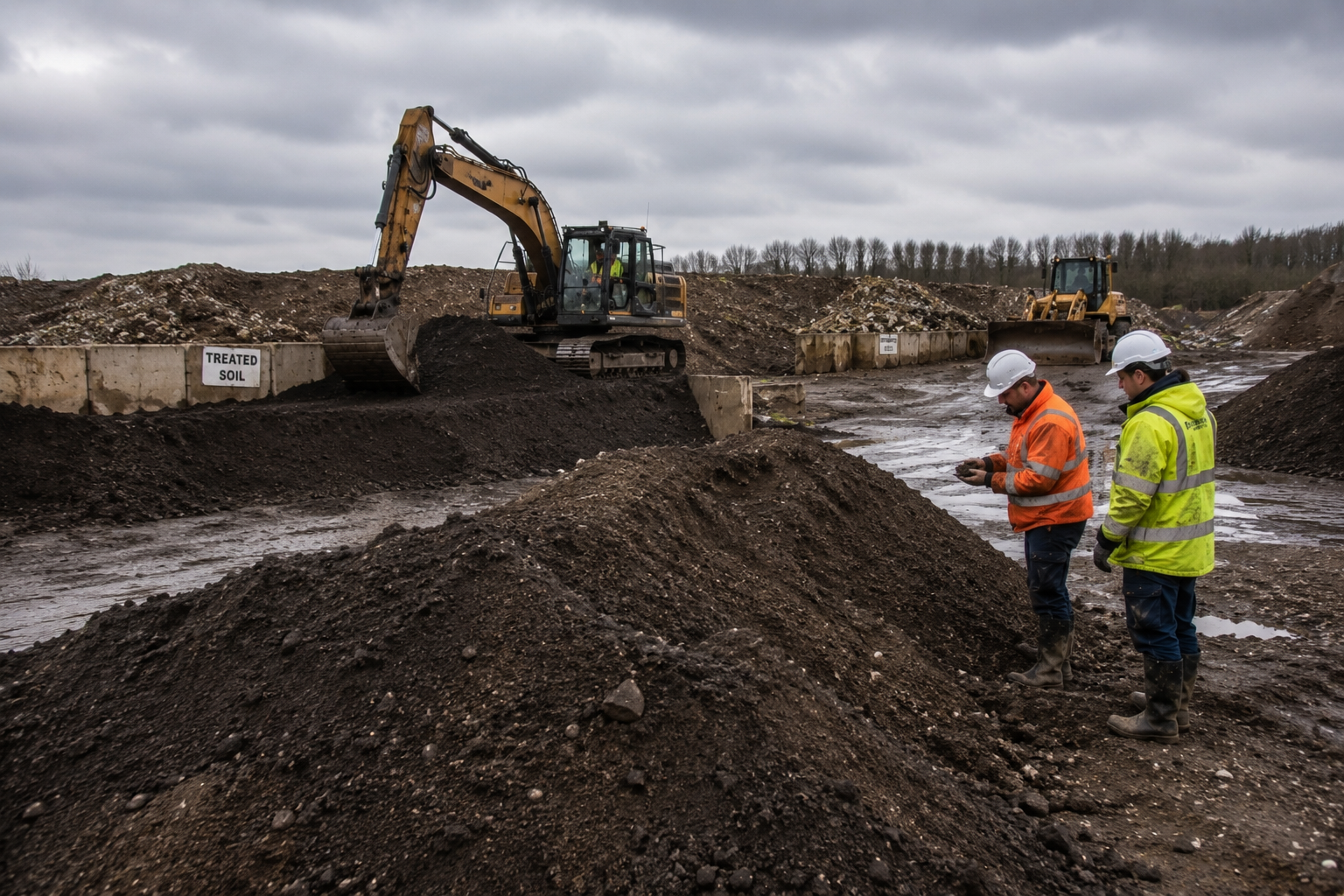 Treated soil being prepared for safe reuse at a remediation and waste management site.