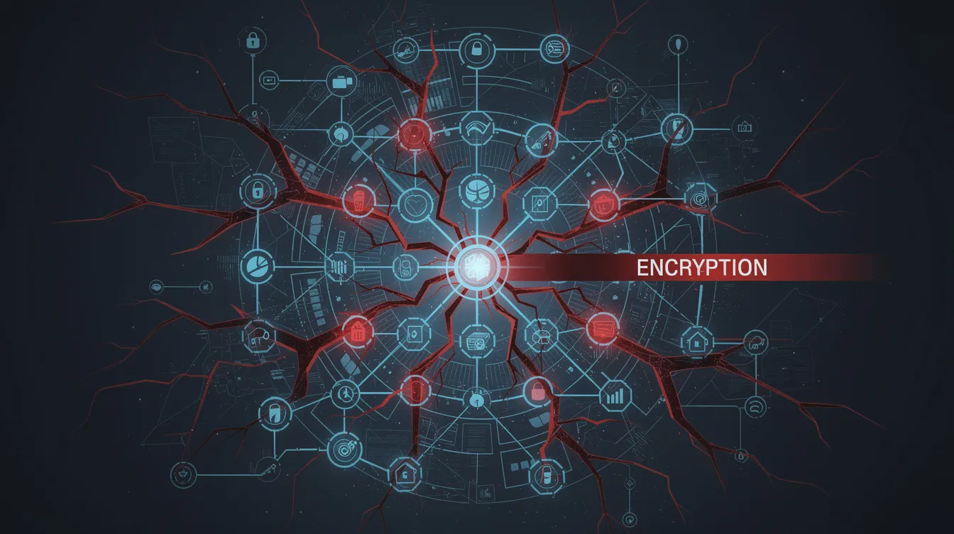 The image features an abstract illustration of a dark background with a sprawling map of blue digital data nodes, representing a clean corporate network. Aggressive deep-red lines branch out from a central point, turning the nodes red, with one prominent path labeled 'ENCRYPTION,' symbolizing the rapid spread of ransomware threats and the potential for data encryption during a ransomware infection.