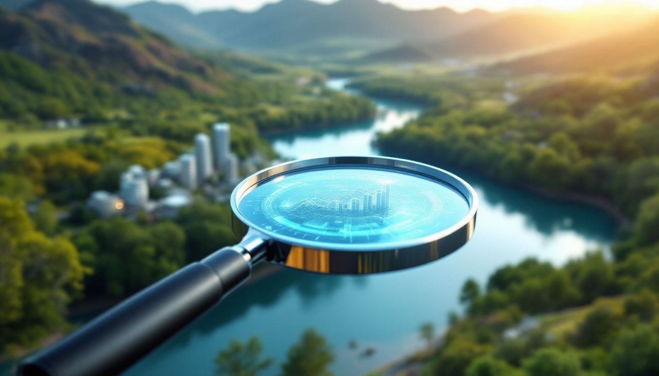 A magnifying glass over a digital screen displaying keyword analytics, representing keyword research for SEO.