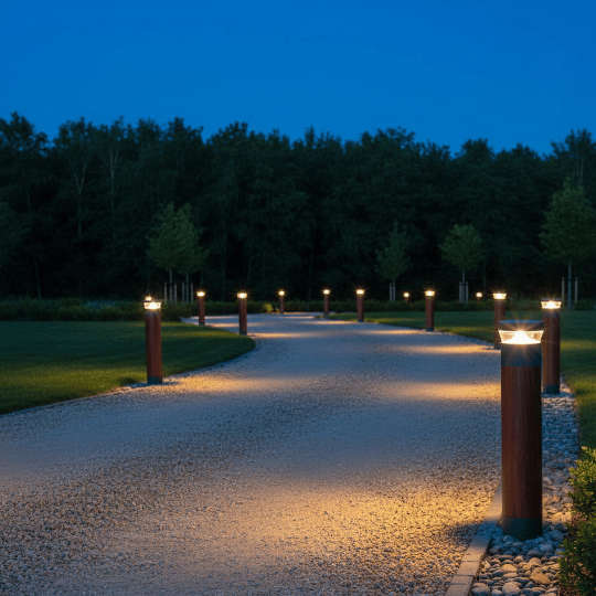 Outdoor pathway lighting using modern bollard fixtures along a gravel walk.