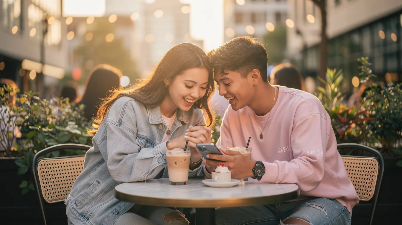 A Gen Z couple enjoys a romantic date at a cozy coffee shop, engaging in honest conversations and sharing laughter. Their connection reflects the modern dating world, where online daters seek meaningful relationships through dating apps and casual dating experiences.