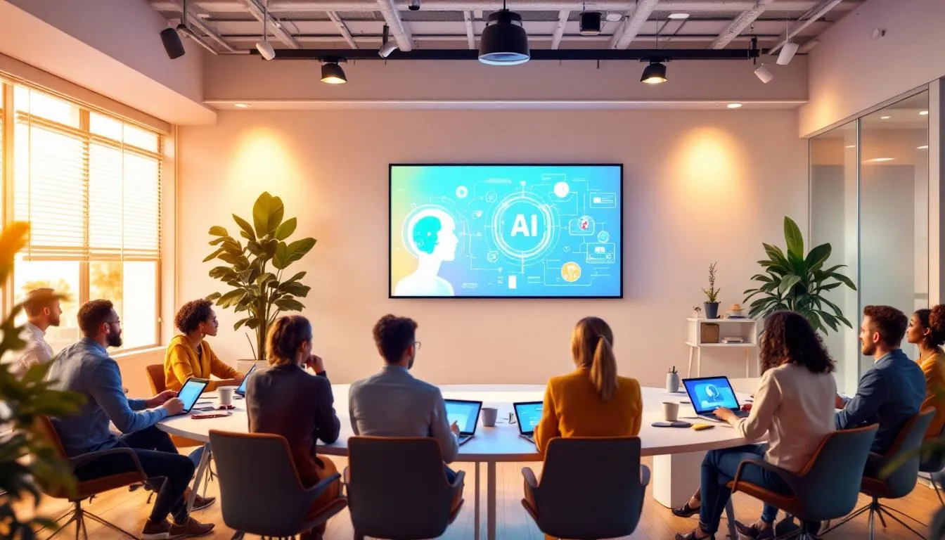 A diverse group of employees participating in an AI training session, emphasizing the importance of AI training for today's workforce.