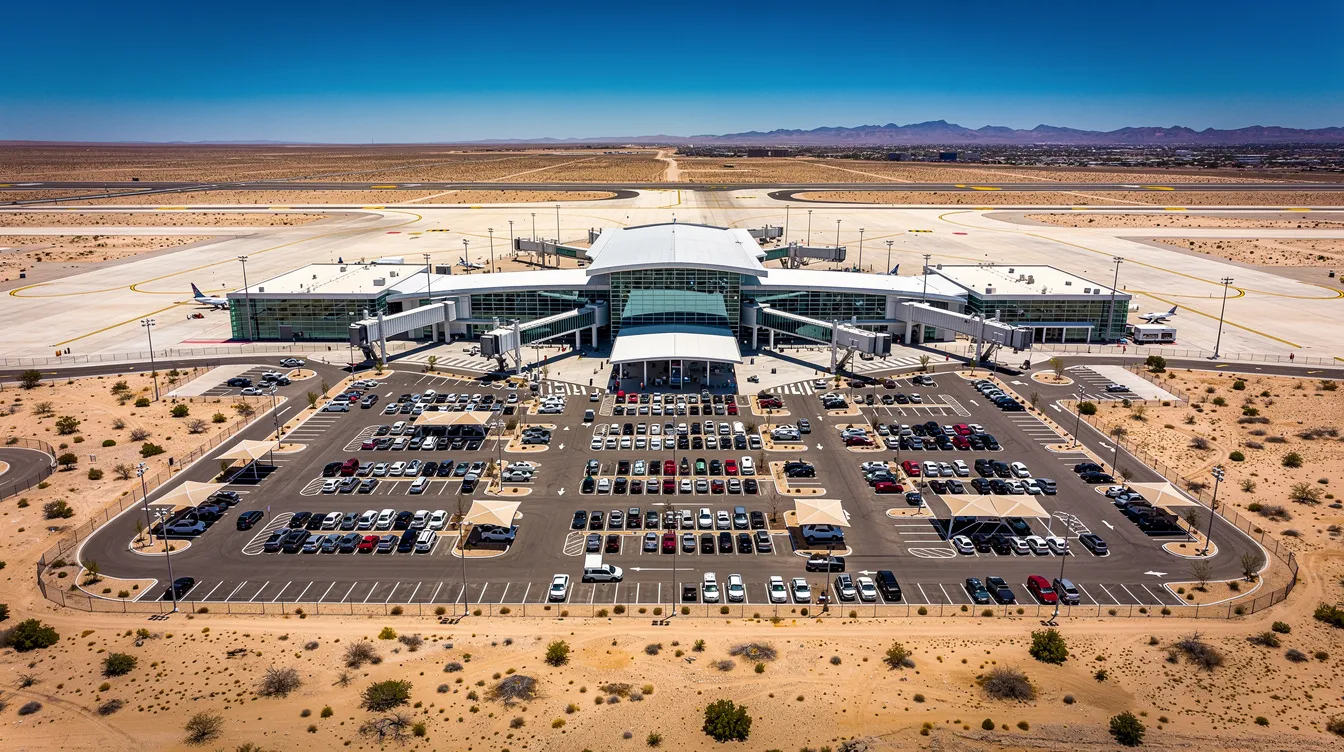 An aerial view showcases a modern airport terminal set against a sunny arid landscape, with several rental cars parked nearby, indicating a busy rental location at Agadir Al Massira Airport. The scene reflects the accessibility of car rental options for travelers looking to explore Morocco, particularly in Agadir.