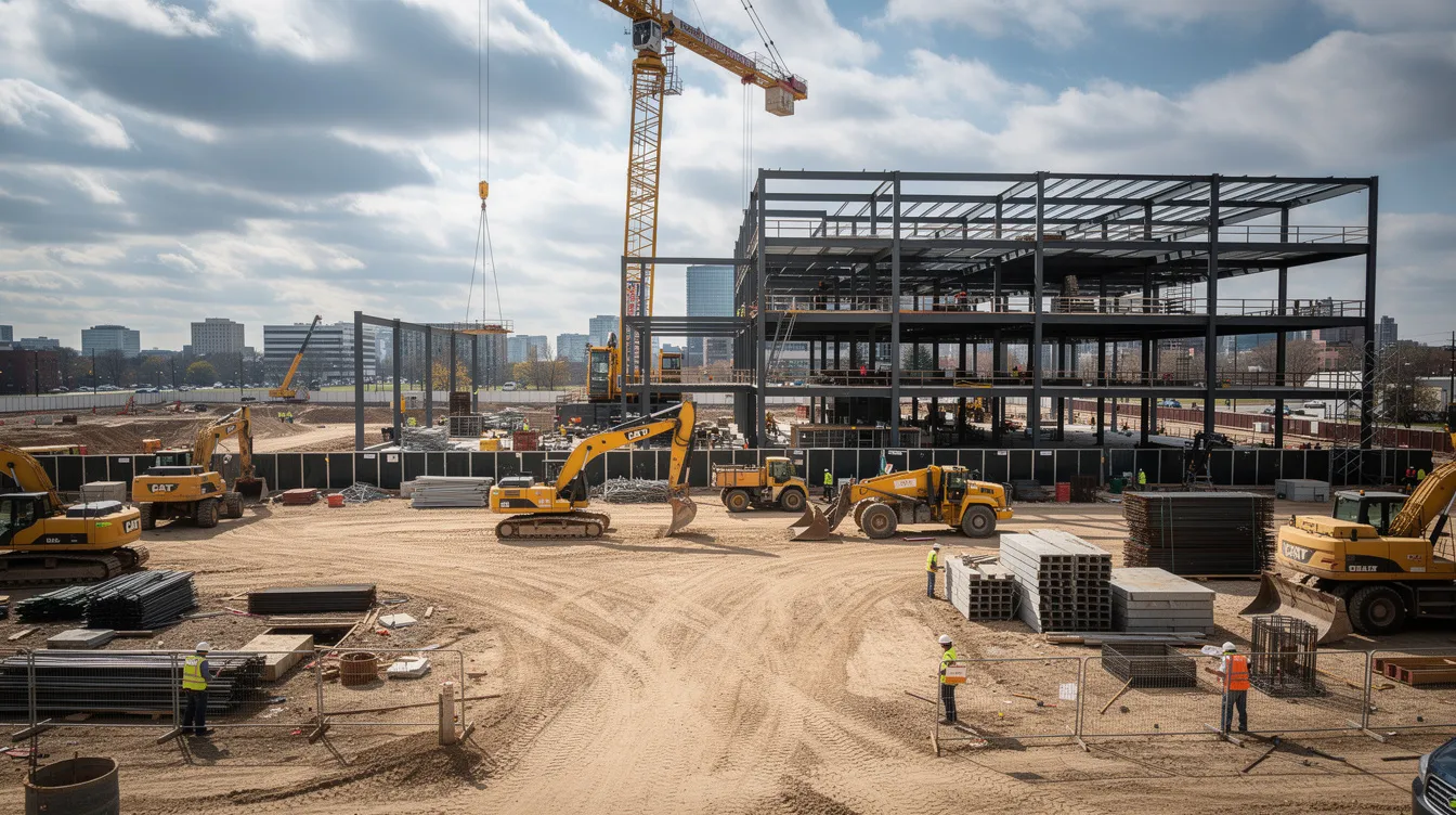 The image depicts a large construction site bustling with heavy equipment and steel framing, set against a backdrop of partly cloudy skies. This construction project showcases the complexities of managing a project budget, including the need for contingency funds to cover unforeseen costs and maintain financial stability throughout the project lifecycle.