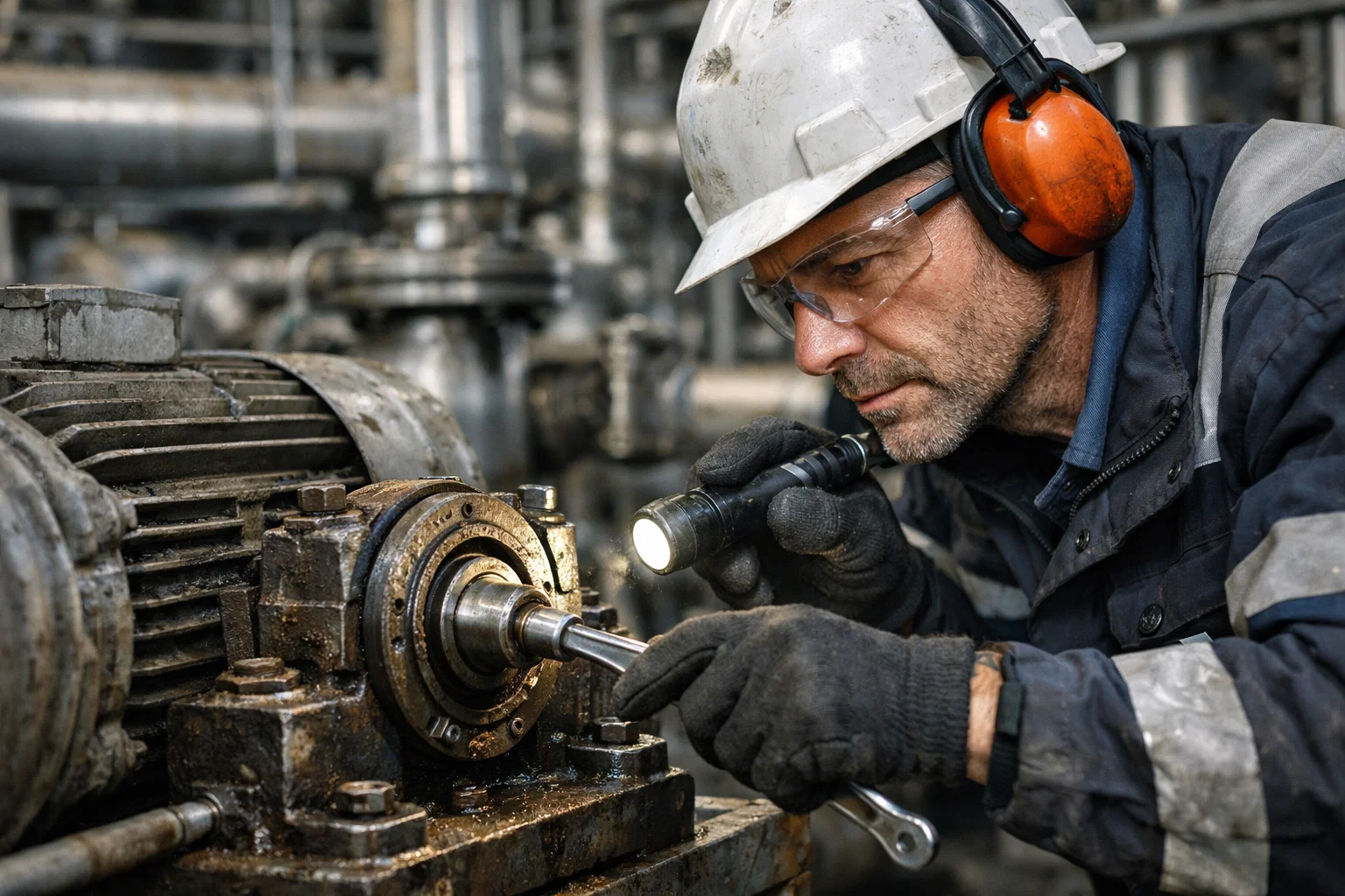 Mechanical engineer carrying out maintenance and reliability checks on industrial manufacturing equipment.