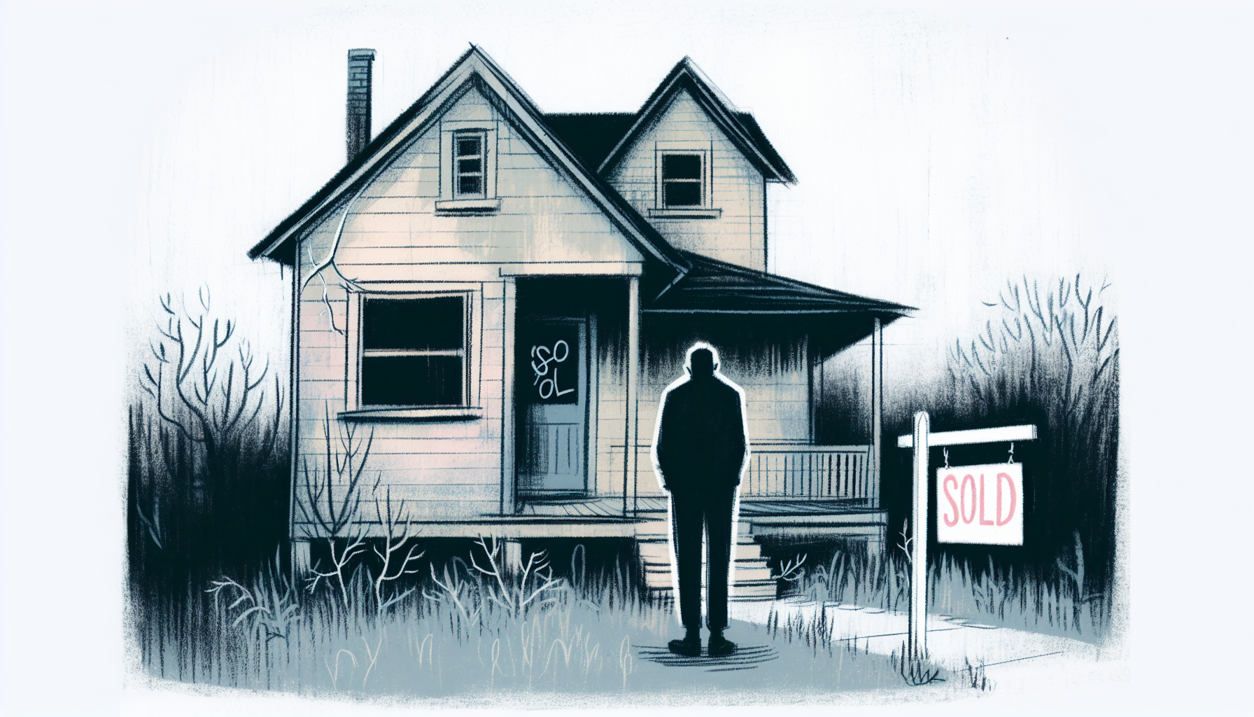 Illustration of a person looking at a sold sign outside a house, symbolizing post-foreclosure actions