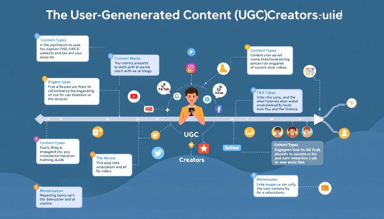 The image showcases a comprehensive guide titled "The Complete Guide to UGC Creators," emphasizing the importance of user-generated content and its role in influencer marketing on social media platforms. It highlights how aspiring creators can develop their online presence and engage with global audiences through authentic and engaging content.