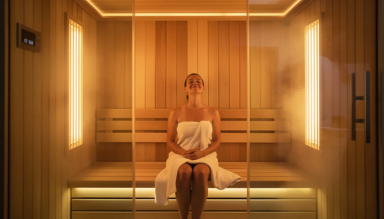 A person is relaxing inside a modern wooden infrared sauna cabin, surrounded by warm ambient lighting that creates a soothing atmosphere. The infrared heat from the sauna's panels directly warms the body, providing a comfortable and energy-efficient sauna experience.