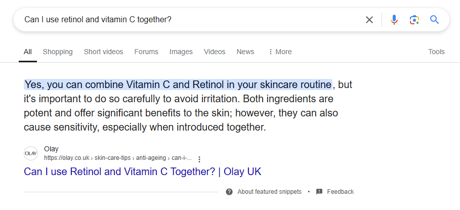 Featured snippet earned by answering users' query