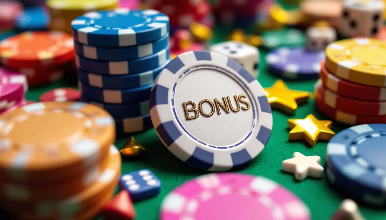 Bilden visar färgglada bonus-symboler och tokens för free spins som är utspridda bland spelmarker och tärningar. Denna scen kan associeras med utländska casinon där spelare kan njuta av större bonusar och möjligheter till skattefria vinster.