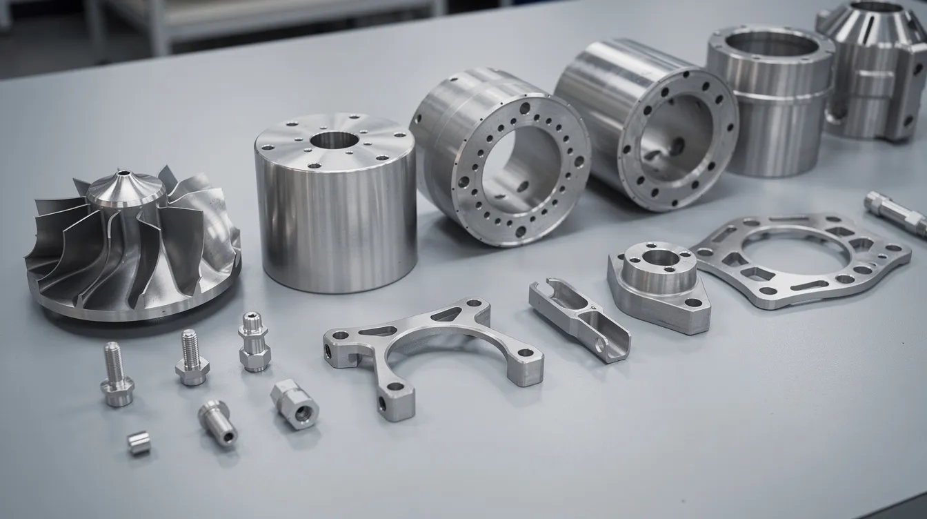 The image showcases an array of precision-machined titanium and aluminum aerospace parts, meticulously arranged on an inspection table, highlighting the high precision and complex geometries essential in the aerospace industry. This setup illustrates the critical components involved in aerospace machining and manufacturing processes, emphasizing the importance of quality control and adherence to exact specifications.