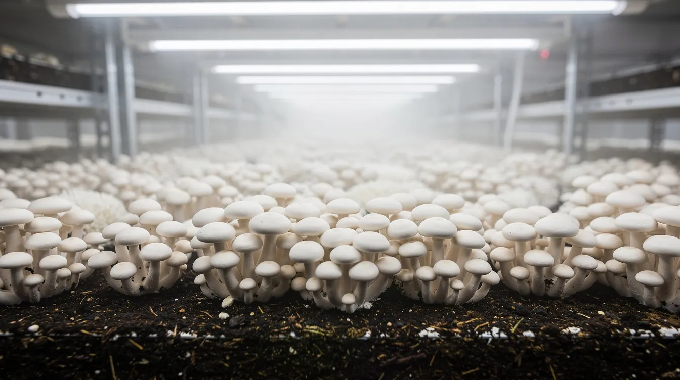 The image shows rows of white button mushrooms thriving in a controlled farming environment, highlighting the potential for profitable small business ideas in organic farming. This setup represents a sustainable farming practice with consistent demand, making it an attractive venture for entrepreneurs in Punjab's agricultural landscape.