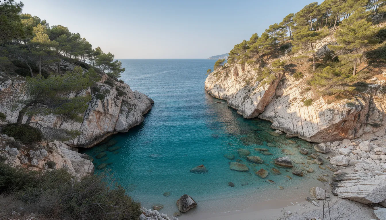 Une crique aux eaux turquoise est entourée de falaises abruptes et de pins méditerranéens, créant un paysage naturel idyllique. Ce lieu, idéal pour la baignade et la détente, est une destination prisée à Minorque, accessible facilement en louant une voiture.