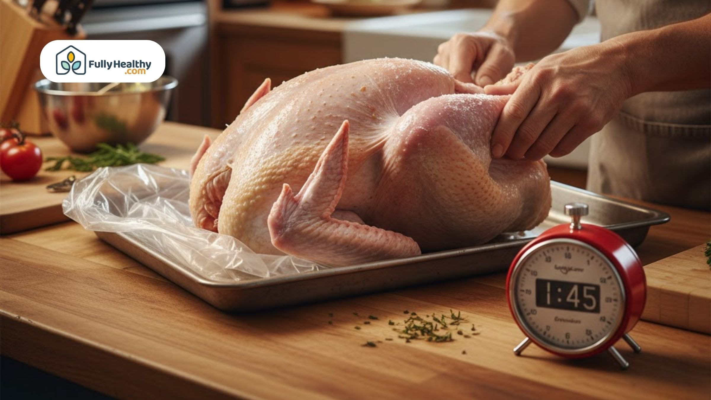 Raw whole turkey placed on a kitchen tray with a timer nearby.
