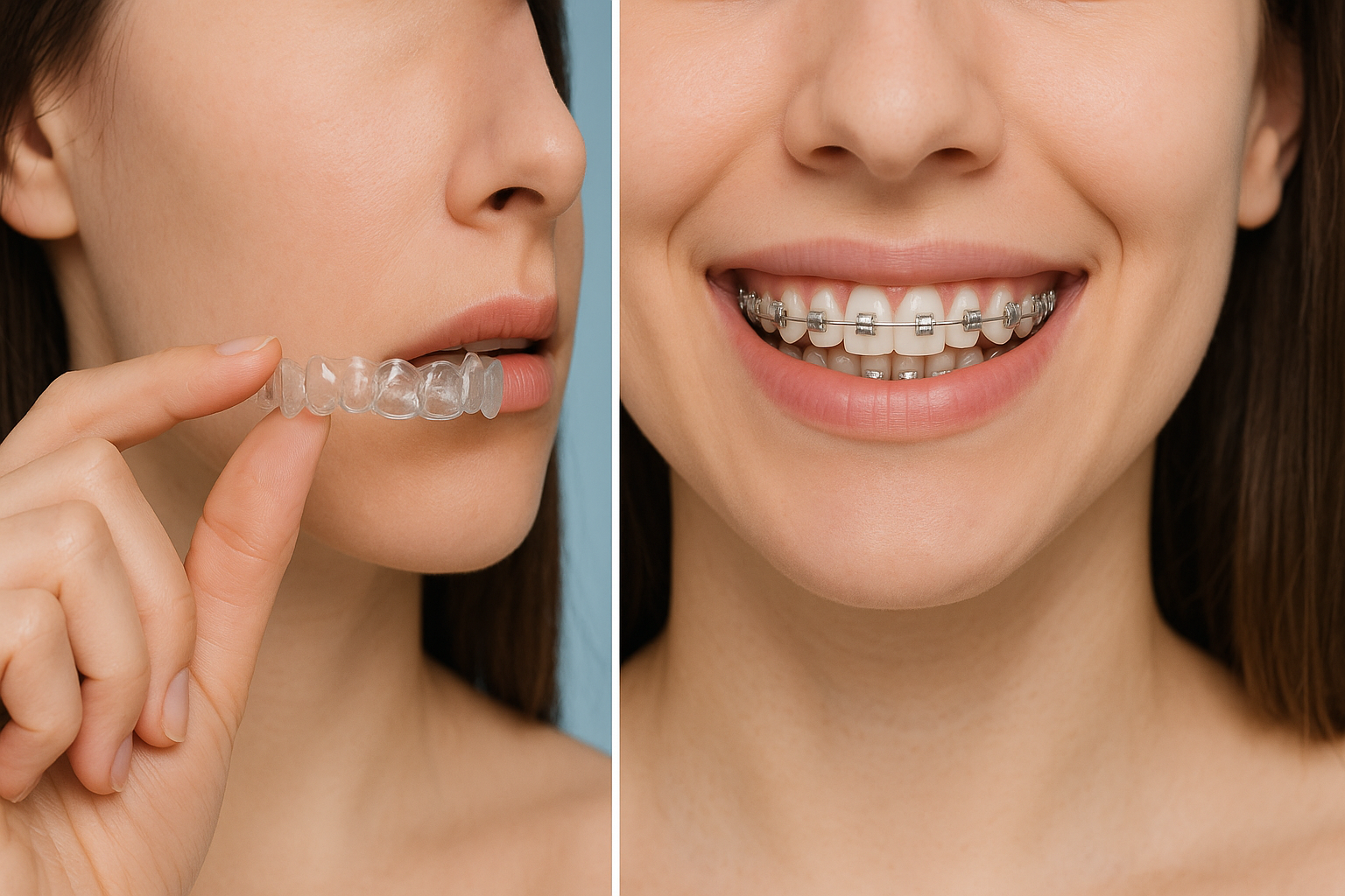 Nærbilde av kvinne med gjennomsiktig tannskinne på den ene siden og tradisjonell regulering på den andre siden