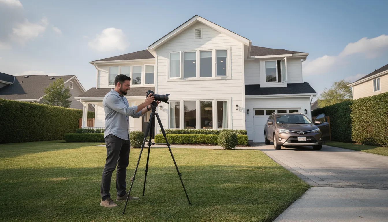 A professional photographer is capturing exterior images of a residential rental property, showcasing its features for potential tenants. This visual marketing is essential for property management companies to attract qualified tenants and effectively manage rental properties.