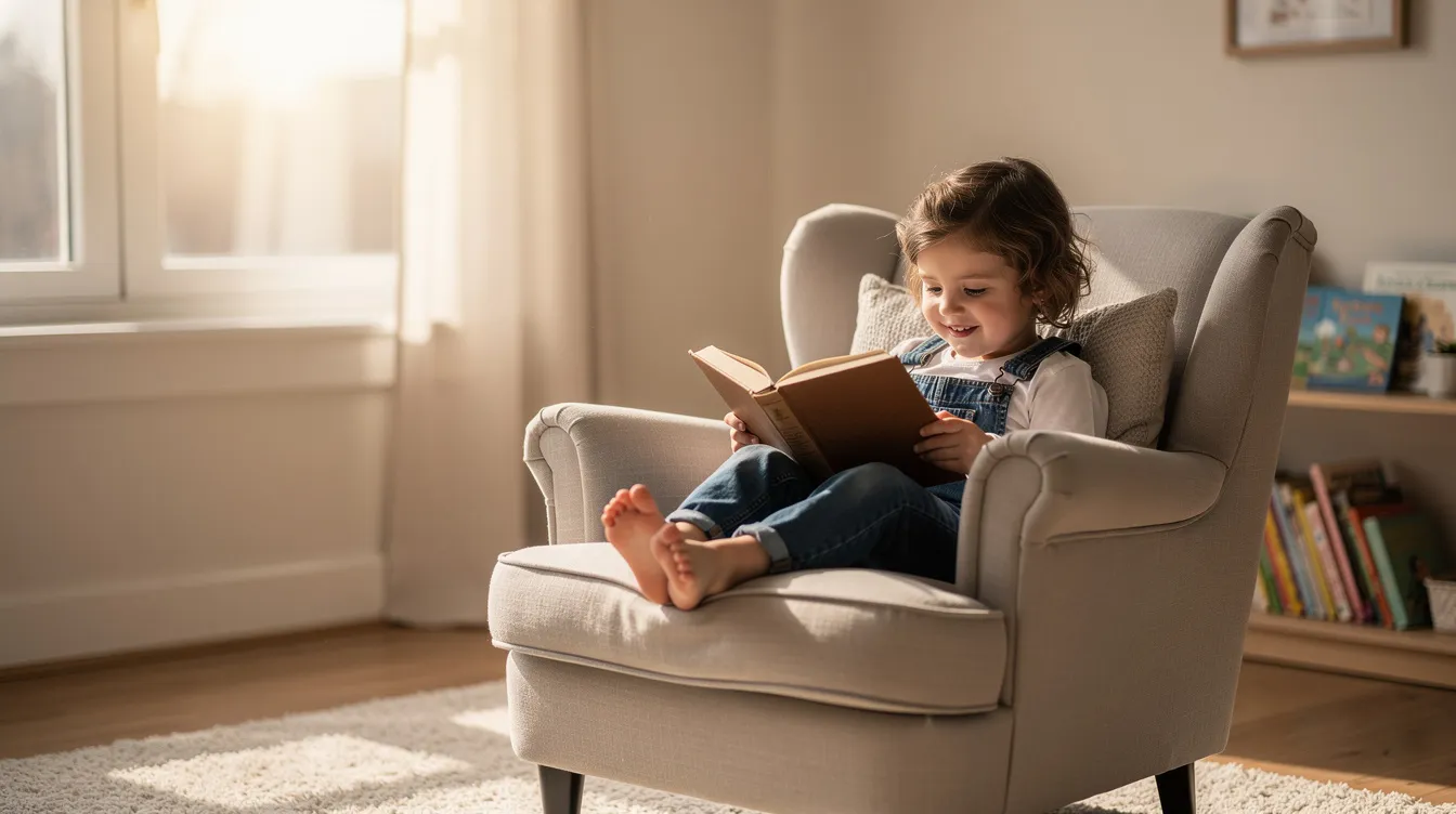 A child is sitting comfortably in a bright, calm room, deeply engaged in reading a book independently, showcasing strong reading comprehension skills and a love for learning. This nurturing environment supports the child's progress in developing essential reading skills and promotes academic growth.