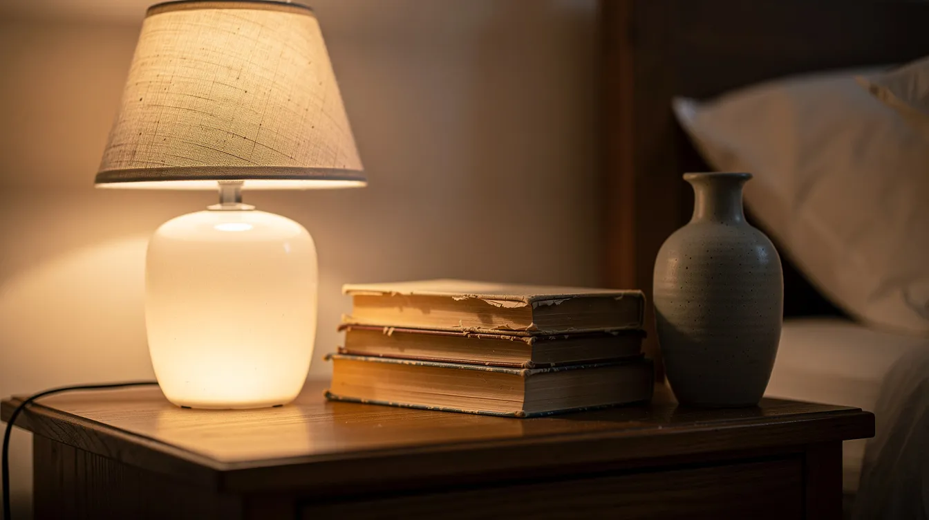 Een close-up van een stijlvol nachtlampje op een mooi nachtkastje van robuust hout, met daarnaast een klein stapeltje boeken en een keramisch vaasje, wat zorgt voor een frisse uitstraling in de opgeruimde slaapkamer. De combinatie van natuurlijke materialen en strakke lijnen creëert een harmonieus geheel dat perfect past bij een moderne slaapkamer.