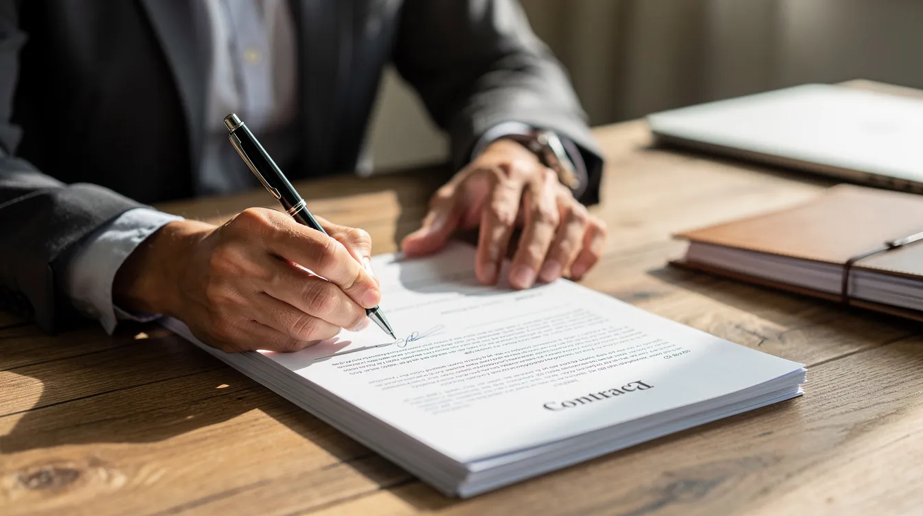 A person is seated at a wooden desk, carefully reviewing and signing a tenancy agreement document, which appears to be a legally binding contract related to a rental property. The scene suggests a focus on the details of the assured shorthold tenancy agreement, highlighting the importance of understanding tenant obligations and rights.
