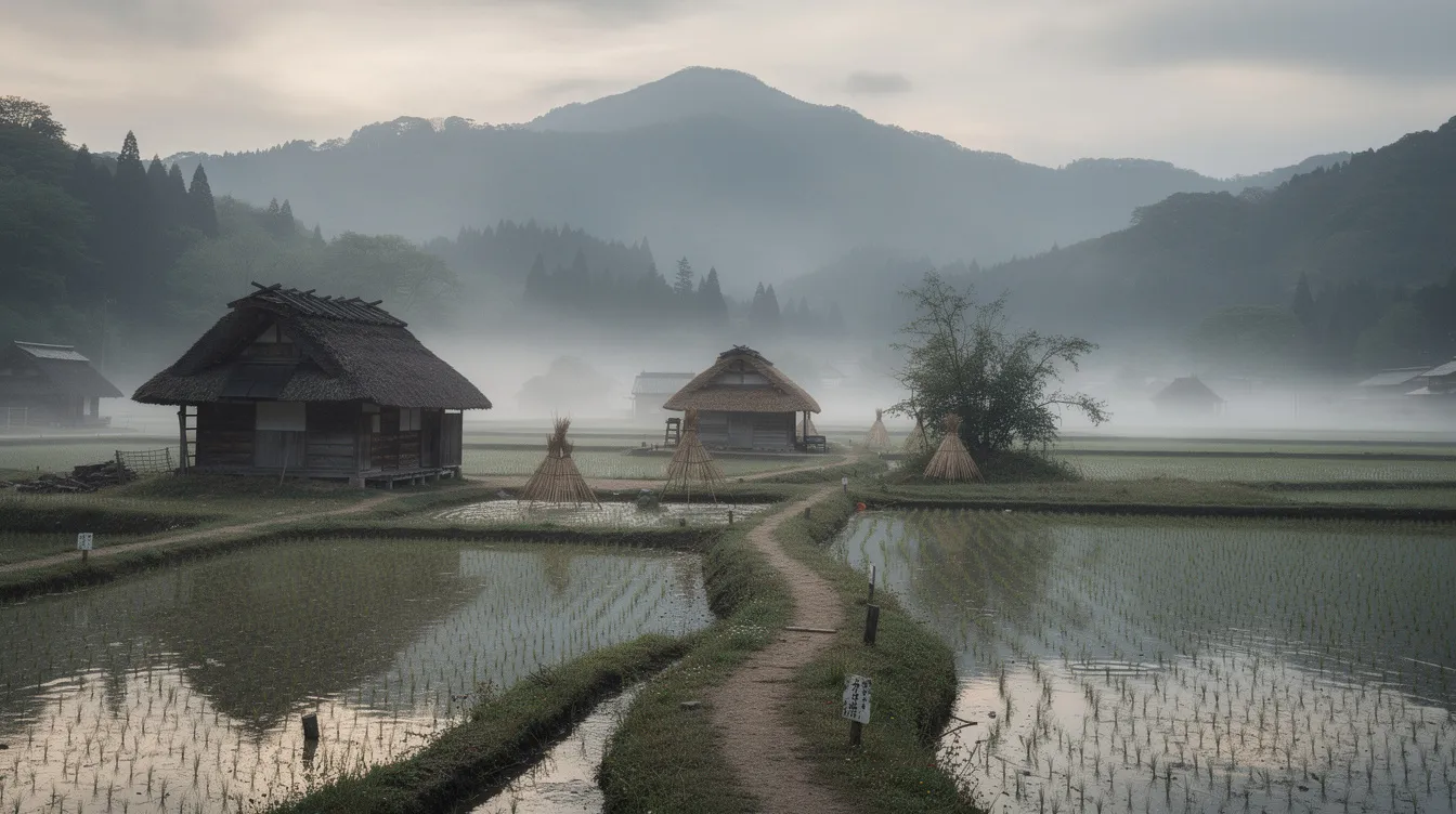 Die neblige japanische Dorflandschaft zeigt im Vordergrund Reisfelder, die sanft im Dunst liegen, während im Hintergrund majestätische Berge aufragen. Einzelne Strohhütten fügen sich harmonisch in die atmosphärische Stimmung ein, die an die Werke von Akira Kurosawa, wie „Die sieben Samurai“ (Shichinin no Samurai), erinnert.