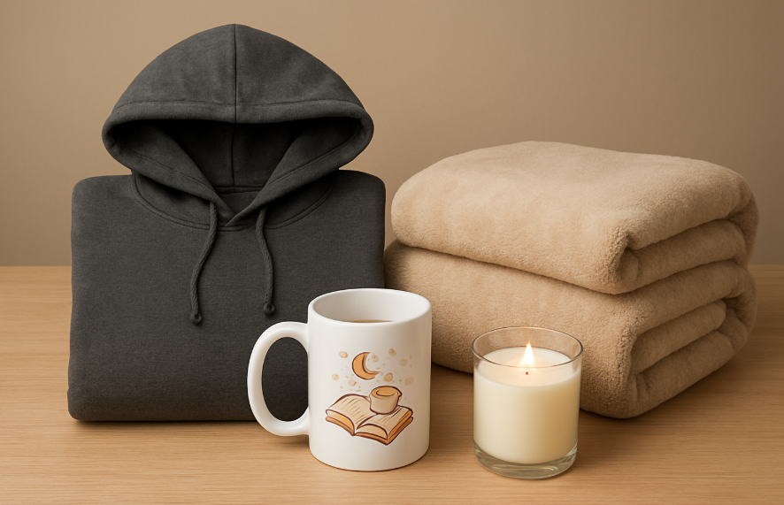 Hoodie, Blanket, Custom Mug, and Candle