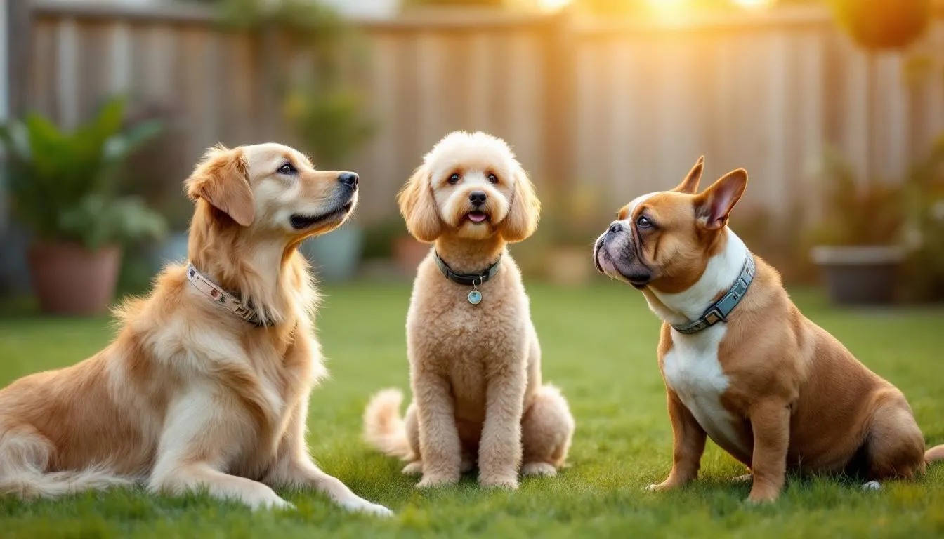 In the image, a calm golden retriever and a gentle basset hound participate in a positive reinforcement training session, showcasing their mild-mannered personalities. The scene captures the affectionate bond between the calm dog breeds and their active pet parents, highlighting the importance of gentle training for great family pets.