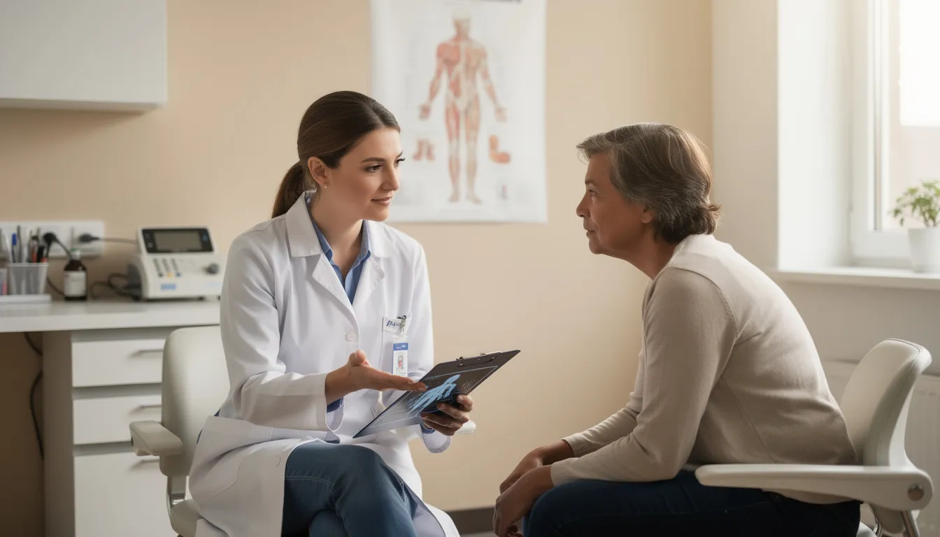 Un profesional de la salud está explicando un procedimiento a un paciente en un consultorio, mostrando un documento con información sobre los riesgos y beneficios del tratamiento. La interacción refleja la importancia de la relación médico-paciente y el respeto por la autonomía del paciente en la toma de decisiones sobre su salud.