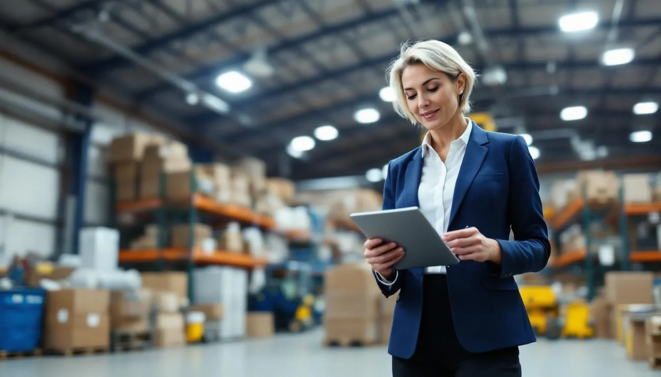 In a bustling warehouse, a female equipment wholesaler stands thoughtfully surrounded by various machinery and tools, contemplating her financing options for future equipment purchases. She is considering business loans and equipment financing to manage cash flow and address her small business needs effectively.