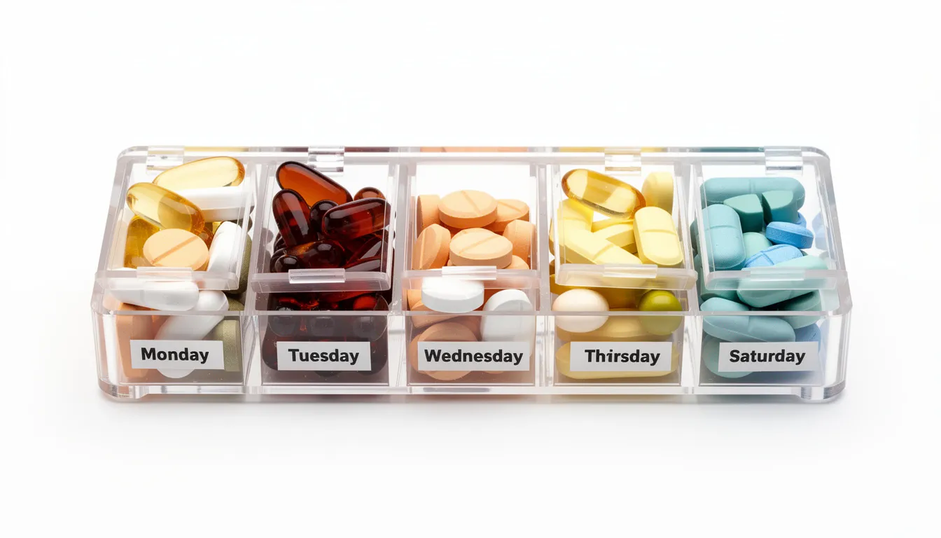 The image shows a weekly pill organizer filled with various nmn supplements, neatly arranged by day to support healthy aging and cellular energy production. This organized setup can help individuals manage their supplementation routine effectively, ensuring they do not miss doses that contribute to long-term wellness and energy levels.