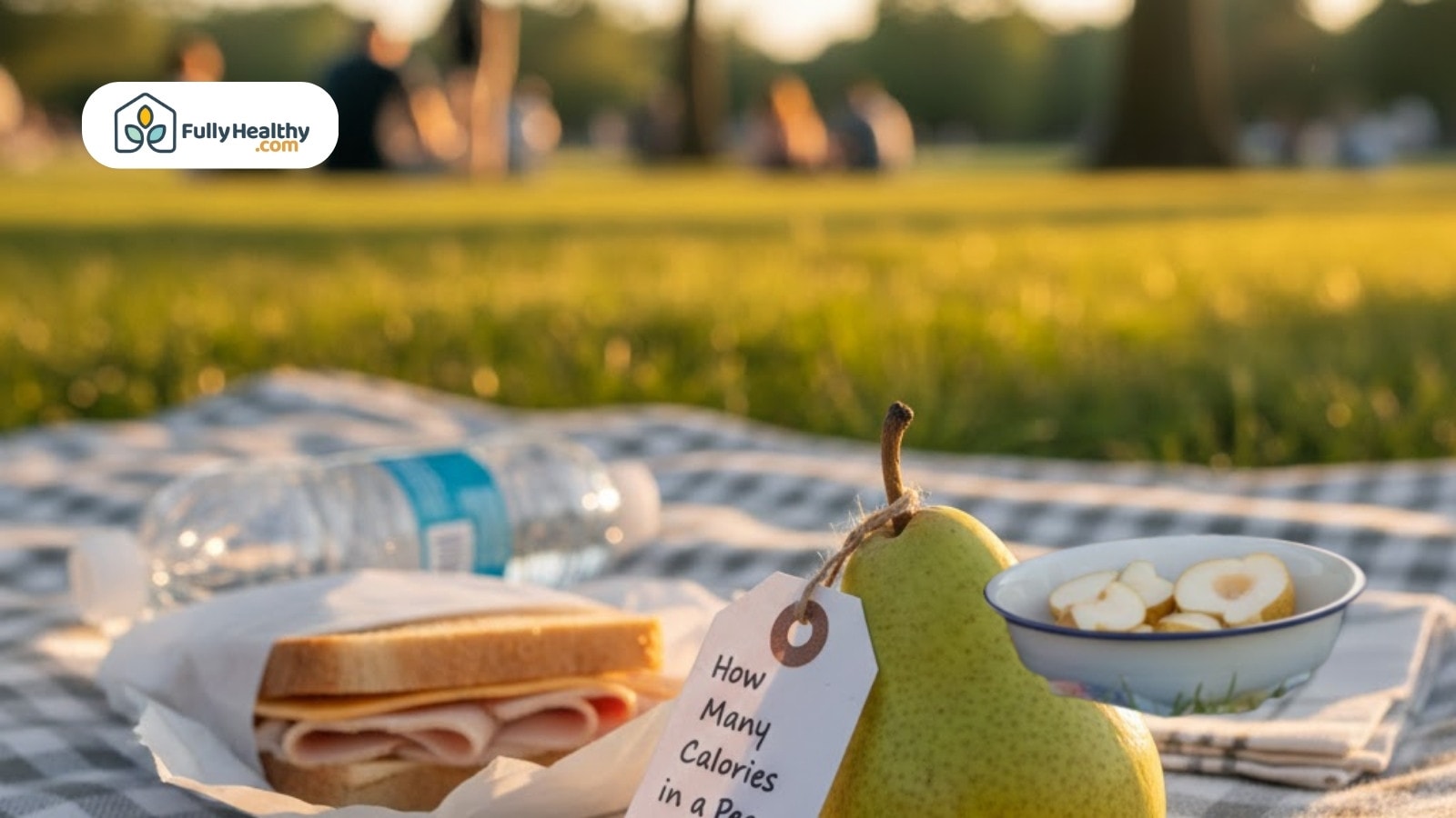 Picnic setup with pear, sandwich, water bottle, and sliced pears