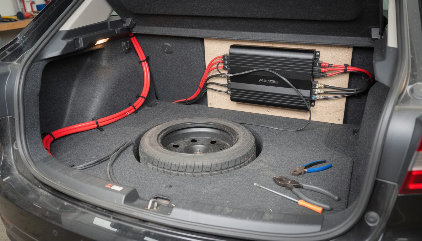 The image shows a car audio installation in progress, featuring a power cable being routed and an amplifier mounted securely in the trunk. This setup is essential for achieving optimal sound quality and performance from the car audio system, particularly when incorporating components like a car subwoofer to enhance bass output.
